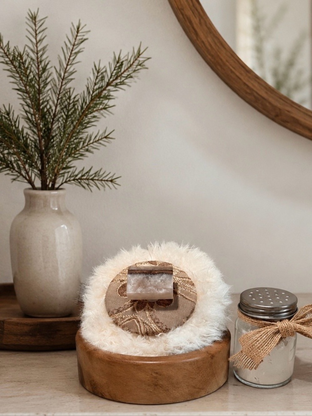 Powder Puff Gorgeous Teak Carved Wooden Artisan Bowl W Handmade Lux Powder Puff